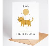 Lovely Cards - Carte d'anniversaire chat « High sollst du Leben! » - Cadeau pour les amoureux des chats - Cadeau pour femme - Carte d'anniversaire amusante pour femme - Carte pliante DIN A6