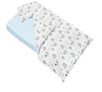 Lovely Hippo Drap Housse 80x160 cm + Couette + Housse de Couette 120x170 + Oreiller + Taie Oreiller Enfant 40x60 cm (Animaux Bleus, Lit 80x160cm - Parure 5 pièces)