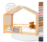 Lovely Hippo Toile de Lit Cabane 100% Coton - Ciel de Lit Cabane Montessori 80x160, 90x190, 90x200 cm - Tissu Oeko-Tex Gots (Beige Feuillage + Pochette, 97 x 402 cm + Pochette de Rangement)
