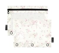 Lovely Peach Floral Lot de 2 trousses à crayons à 3 trous pour classeur avec fenêtre transparente Grande trousse robuste perforée à 3 trous pour ranger les fournitures scolaires et de bureau