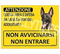 LOVELYTILES Malinois - Panneau de sécurité pour chien - Attention : cette zone est défendue par un chien - Ne pas entrer - Jaune, PVC, 15 x 20 cm