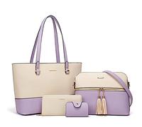 Lovematch Lot de 4 sacs à main tendance en cuir synthétique avec poignée sur le dessus pour femme, Beige + violet, Large