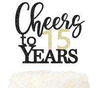 LOVENJOY Décorations de Gâteau « Cheers to 15 Years » Cake Topper pour Happy 15th Birthday 15e Anniversaire de Mariage Décoration Fête, Paillettes Double Face Noires et Dorées