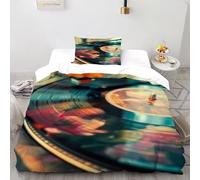 LOVEROGD Platine Vinyle Housse De Couette 2 Pièces Thèmes Musique Imprimé De Couvre-Lit Microfibre pour Adulte Et Enfant avec 1 Taie d'oreiller Single(135x200cm)