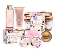 LOVERY Panier cadeau de Noël pour le bain et le soin du corps pour femme, set de spa pour la maison Cherry Blossom, lotion pour le corps, gel douche, bombe de bain extra large, beurre corporel