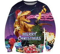 Loveternal Ugly Dinosaur Christmas Sweater Unisexe Pulls Noel 3D Imprimé Dinosaure Christmas Jumper Manches Longues Funny Xmas Pullover L
