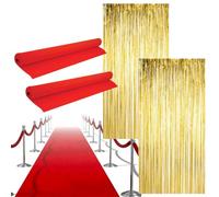 LOVETRENDS Ensemble de décoration de fête hollywoodienne - 2 tapis rouges, 2 rideaux en feuille d'or - Tapis rouge pour événements Oscar, fêtes du film Première Célébrations Décoration de fête