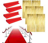 LOVETRENDS Ensemble de décoration de fête hollywoodienne - 4 tapis rouges, 6 rideaux en feuille d'or - Tapis rouge pour événements Oscar, fêtes du film Première Célébrations Décoration de fête