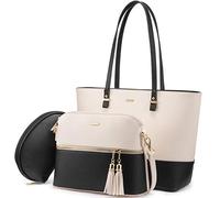 LOVEVOOK Sac à Main Femme Sac à épaule Sac à bandoulière femme Grand sac fourre-tout pour femme pour Collège Affaires, Ensemble 3 pièces sac à main Cuir PU végétalien Beige Noir