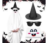 LOVEXIU Halloween Costume Enfant Ghost,Deguisement Halloween Enfant,Blanc Effrayant Cape de Fantôme Ghostface Costume,Deguisement Fantôme Avec Chapeau de Sorcière,Lunettes de Soleil Noires-M