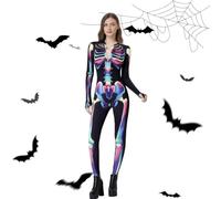 LOVEXIU Halloween Squelette Costume Femme 150-160CM,Couleur Déguisement Halloween Squelette Femme,Femmes Jour des Morts Costume Combinaison,Jeu de RôLe Femmes Fille Cosplay-XS