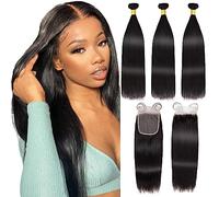 LOVFIR Tissage Bresilien avec Closure Cheveux Humains Raides 12 14 16+10 Pouce Straight Human Hair Bundles 100% Tissage Naturel Cheveux Humain Tissage Bresilienne Raides Tissage Cheveux Naturels