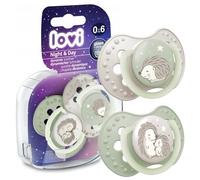 LOVI Sucette dynamique en silicone 2 pièces Nuit & Day Hedgehog Lumineux, Protège le réflexe d'aspiration, Sûr pour l'allaitement, Sans danger pour la morsure et la parole, Anti-allergique (0-6 m)
