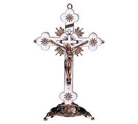 LOVIVER Crucifix Debout avec Socle chrétien Jésus- sur des Statues de Croix Sculpture catholique en métal de Table pour Cadeau de décoration d'étagère, Blanche
