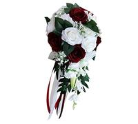 LOVIVER mariée bouquet des fleurs Artificielles Nuptial Accessoire de Mariage Anniversaire, Blanc + Vin Rouge, 50 x 23 x 30cm