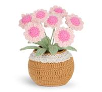 Lovmeety Fleurs au crochet avec pot, marguerites tricotées à la main, fleurs en pot roses tricotées pour la maison, le bureau, la table, la décoration de bureau, cadeau d'anniversaire de remise de