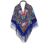 LOVNBHELP Écharpe de style russe pour femme - Écharpe traditionnelle à pompons - Franges - Tour de cou - Châle rétro, 07 Bleu roi, W 51.2"X L 51.2"
