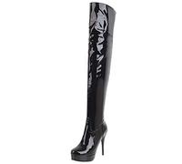 LOVOUO Botte Cuissarde Femme Haute Vernis Talon Aiguille Haut Plateforme Sexy Stiletto Thigh High Heels Boots Long Chaussure Mode Fermeture Eclair Hiver (Noir, Numeric_38)