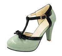 LOVOUO Femme Chaussure Mary Jane Escarpin Rockabilly Vintage Rétro Talon Bloc Lanière Carré Haut Vernis Plateforme Chunky avec Noeud Boucle 9CM(Vert Clair,38)