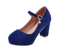 LOVOUO Femme Mary Jane Escarpin Talon Bloc Carré Haut Plateforme Sangle Bride Cheville Daim Chaussure Bout Rond 9CM(Bleu Royal,39)