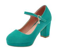 LOVOUO Femme Mary Jane Escarpin Talon Bloc Carré Haut Plateforme Sangle Bride Cheville Daim Chaussure Bout Rond 9CM(Turquoise,42)