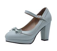 LOVOUO Mary Jane Chaussures Femme Escarpin Rockabilly Vintage Talon Carré Bloc Haut Plateforme Bride Cheville avec Noeud Boucle 8CM(Bleu Ciel,38)
