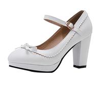 LOVOUO Mary Jane Chaussures Femme Escarpin Rockabilly Vintage Talon Carré Bloc Haut Plateforme Bride Cheville avec Noeud Boucle 8CM(Blanc,39)