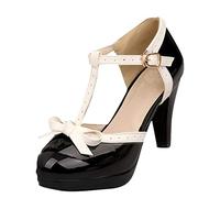 LOVOUO Mary Jane Femme Lanière Escarpin Rockabilly Vernis Talon Carré Bloc Haut Plateforme avec Noeud Chaussure Boucle 9CM(Noir,38)