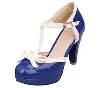 LOVOUO Mary Jane Femme Lanière Escarpin Rockabilly Vernis Talon Carré Bloc Haut Plateforme avec Noeud Chaussure Boucle 9CM(Bleu Royal,44)