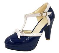 LOVOUO Mary Jane Femme Lanière Escarpin Rockabilly Vernis Talon Carré Bloc Haut Plateforme avec Noeud Chaussure Boucle 9CM(Bleu Marine,38)