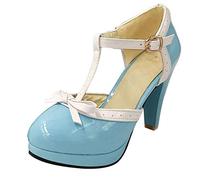 LOVOUO Mary Jane Femme Lanière Escarpin Rockabilly Vernis Talon Carré Bloc Haut Plateforme avec Noeud Chaussure Boucle 9CM(Bleu Ciel,39)
