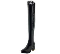 LOVOUO Mode Botte Cuissarde Femme Haute Dentelle Talon Carré Bloc Moyen Chunky Thigh High Warm Boots Chaussure Fermeture Eclair Hiver(Noir,38)