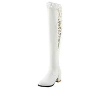 LOVOUO Mode Botte Cuissarde Femme Haute Dentelle Talon Carré Bloc Moyen Chunky Thigh High Warm Boots Chaussure Fermeture Eclair Hiver(Blanc,38)