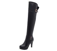 LOVOUO Mode Botte Haute Femme Cuissarde Talon Aiguille Haut Plateforme avec Boucle Stiletto Thigh High Heels Boots Sangle Chaussure Fermeture Eclair Hiver(Noir,35)