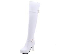 LOVOUO Mode Botte Haute Femme Cuissarde Talon Aiguille Haut Plateforme avec Boucle Stiletto Thigh High Heels Boots Sangle Chaussure Fermeture Eclair Hiver(Blanc,37)