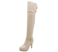LOVOUO Mode Botte Haute Femme Cuissarde Talon Aiguille Haut Plateforme avec Boucle Stiletto Thigh High Heels Boots Sangle Chaussure Fermeture Eclair Hiver(Beige,35)