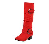 LOVOUO Mode Botte Mi Mollet Femme Souple Talon Carré Bloc Bas Mid Calf Chunky Heel Boots Boucles Chaussure Fermeture Eclair Hiver(Rouge,39)