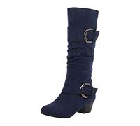LOVOUO Mode Botte Mi Mollet Femme Souple Talon Carré Bloc Bas Mid Calf Chunky Heel Boots Boucles Chaussure Fermeture Eclair Hiver(Bleu Marine,40)