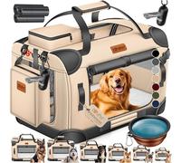 Lovpet® Boîte de transport pliable pour chien avec gamelle + 45 sacs à déjections canines, L, 70 x 52 x 52 cm, sac de transport pour animaux de compagnie, chiens et chats - Beige