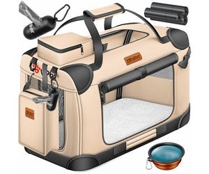 Lovpet® Boîte de transport pliable pour chien avec gamelle, XXL, 91,4 x 63,5 x 63,5 cm - Sac de transport pour animaux de compagnie, chiens et chats - Beige