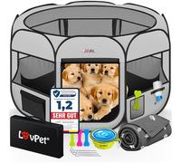 LOVPET Enclos pliable pour petits animaux de compagnie - Avec gamelle et couverture polaire - Enclos pour chien et chat - En tissu Oxford - Système pop-up - Intérieur et extérieur - Gris clair/noir