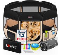 LOVPET Enclos pliable pour petits animaux de compagnie - Avec gamelle et couverture polaire - Enclos pour chien et chat - En tissu Oxford - Système pop-up - Intérieur et extérieur - Noir/beige
