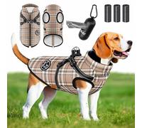 Lovpet® Manteau pour Chien avec Harnais, 45 Sacs à déjections Canines + Distributeur, Gilet d'hiver doublé imperméable rembourré avec Sangle de Poitrine, réflecteurs, Anneau en D, Taille 5XL, Beige