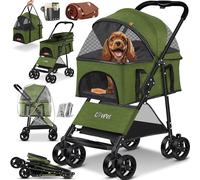 LOVPET® Poussette 2en1 pour Chien et Chiots - Caisse et Sac de Transport Pliable jusqu'à 20 kg - Avec Fenêtres, Kaki