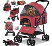 LOVPET Poussette pour chien 2 en 1 - Coffre de transport pour chien - Sac de transport pour chien pliable jusqu'à 20 kg - Chariot pour animaux avec fenêtres en filet et housse de pluie I Rouge