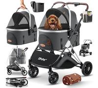 LOVPET® Poussette pour chien 3 en 1 - Grande roue pliable - Pliable à 360° - Avec fenêtre en filet et housse de protection contre la pluie - Pour petits chiens et chats