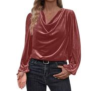 Lovraj Chemisier à manches longues en velours pour femme - Col en V - Plissé - Manches longues - Couleur unie - Pull en velours, Rose, L