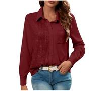 Lovraj Chemisier à manches longues pour femme - Paillettes - Patchwork - Boutonnière festive - T-shirt à manches longues avec poche poitrine - Festival - Chemise unie - Fête du Nouvel An, Bordeaux, S