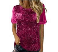 Lovraj Chemisier à paillettes pour femme - Manches courtes - Patchwork - Velours - Élégant - Col rond - Pour fête, nouvel an, P-ink, 3XL