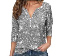 Lovraj Chemisier à paillettes pour femme - Manches longues - Haut festif - Demi-fermeture éclair - Col en V - Élégant - Pour fête, nouvel an, gris, L